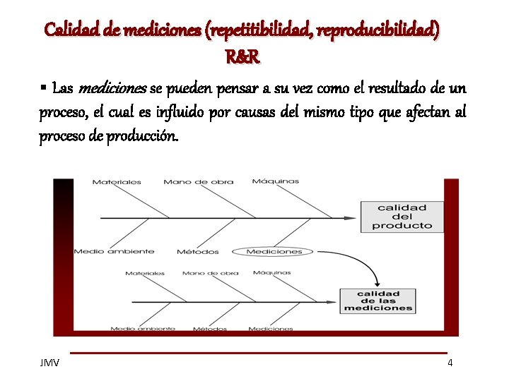 Calidad de mediciones (repetitibilidad, reproducibilidad) R&R § Las mediciones se pueden pensar a su