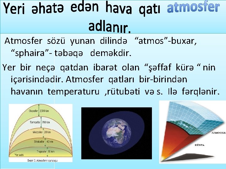 Atmosfer sözü yunan dilində “atmos”-buxar, “sphaira”- təbəqə deməkdir. Yer bir neçə qatdan ibarət olan