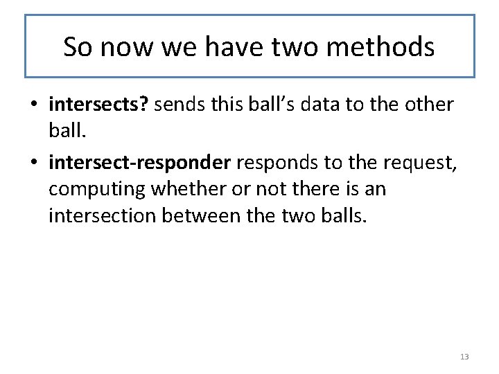 So now we have two methods • intersects? sends this ball’s data to the