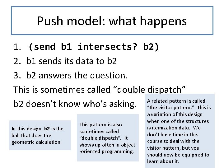 Push model: what happens 1. (send b 1 intersects? b 2) 2. b 1