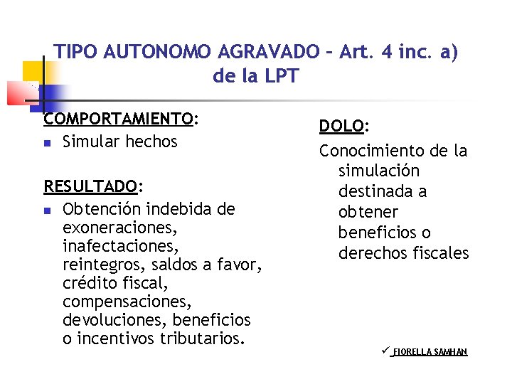 TIPO AUTONOMO AGRAVADO – Art. 4 inc. a) de la LPT COMPORTAMIENTO: Simular hechos