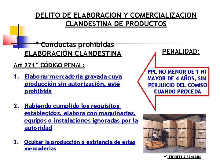 DELITO DE ELABORACION Y COMERCIALIZACION CLANDESTINA DE PRODUCTOS * Conductas prohibidas ELABORACIÓN CLANDESTINA Art