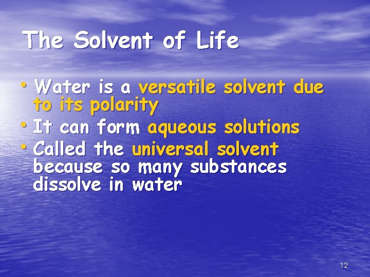 The Solvent of Life • Water is a versatile solvent due to its polarity