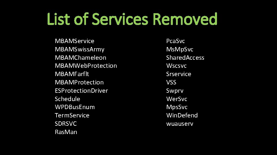 List of Services Removed MBAMService MBAMSwiss. Army MBAMChameleon MBAMWeb. Protection MBAMFarflt MBAMProtection ESProtection. Driver