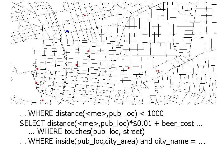 Advantages of Spatial Databases … WHERE distance(<me>, pub_loc) < 1000 SELECT distance(<me>, pub_loc)*$0. 01 Advantages of Spatial Databases … WHERE distance(<me>, pub_loc) < 1000 SELECT distance(<me>, pub_loc)*$0. 01