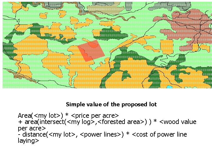 Advantages of Spatial Databases Simple value of the proposed lot Area(<my lot>) * <price Advantages of Spatial Databases Simple value of the proposed lot Area(<my lot>) * <price