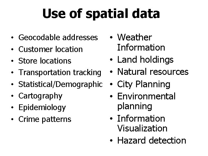 Use of spatial data • • Geocodable addresses Customer location Store locations Transportation tracking Use of spatial data • • Geocodable addresses Customer location Store locations Transportation tracking