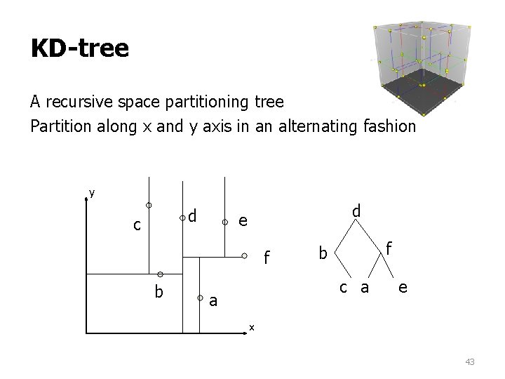 KD-tree A recursive space partitioning tree Partition along x and y axis in an KD-tree A recursive space partitioning tree Partition along x and y axis in an