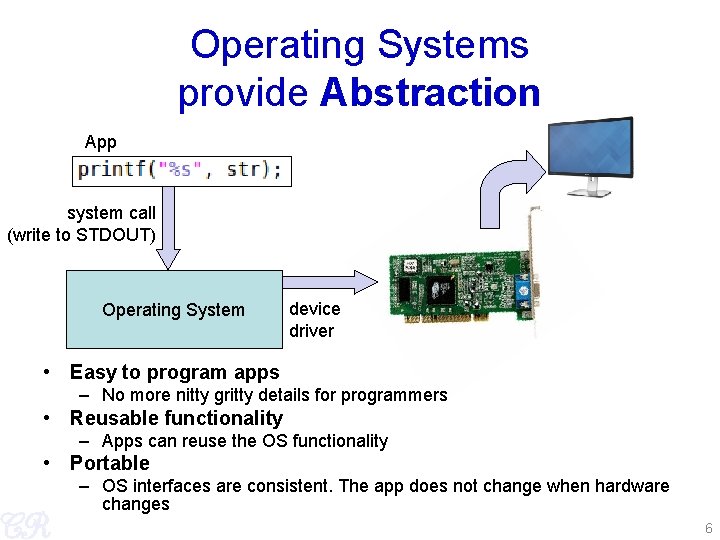 Operating Systems provide Abstraction App system call (write to STDOUT) Operating System device driver