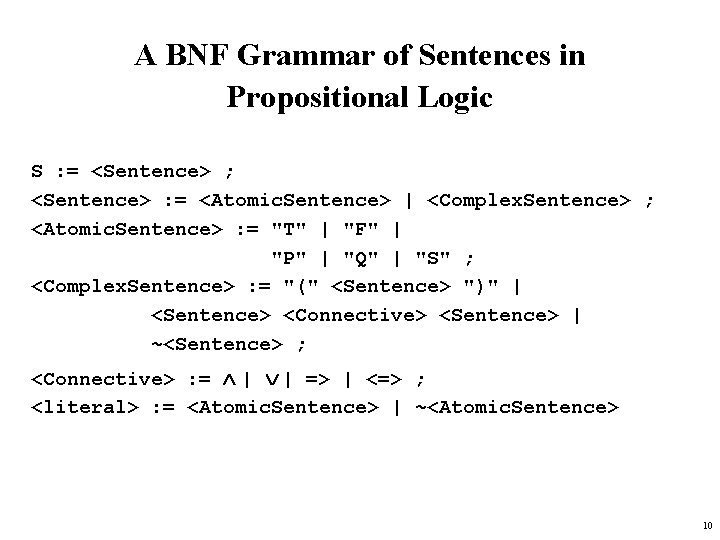 A BNF Grammar of Sentences in Propositional Logic S : = <Sentence> ; <Sentence>