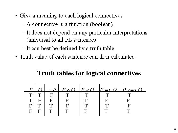  • Give a meaning to each logical connectives – A connective is a