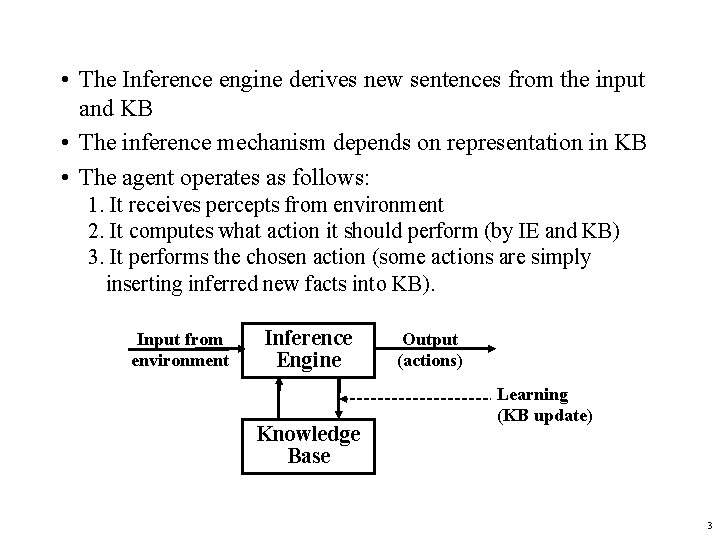  • The Inference engine derives new sentences from the input and KB •