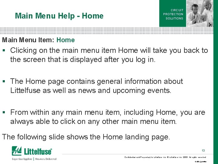 Main Menu Help - Home CIRCUIT PROTECTION SOLUTIONS Main Menu Item: Home § Clicking