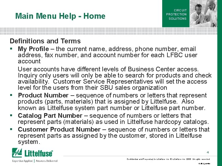 Main Menu Help - Home CIRCUIT PROTECTION SOLUTIONS Definitions and Terms § My Profile