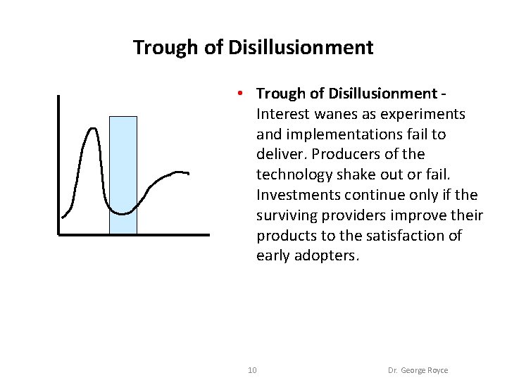 Trough of Disillusionment • Trough of Disillusionment Interest wanes as experiments and implementations fail