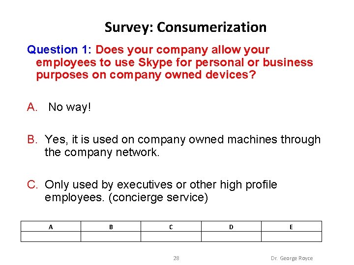 Survey: Consumerization Question 1: Does your company allow your employees to use Skype for