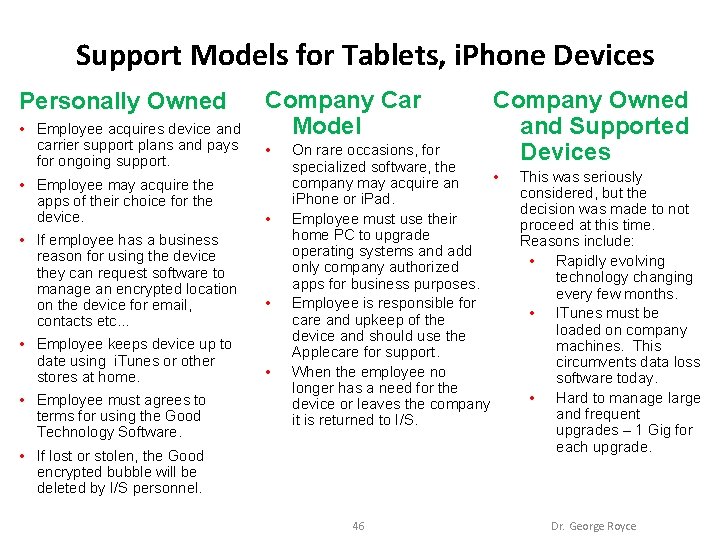 Support Models for Tablets, i. Phone Devices Personally Owned • Employee acquires device and