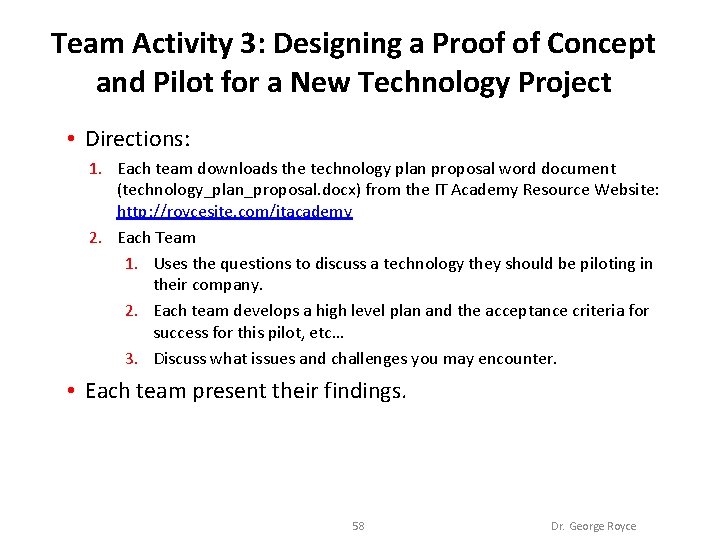 Team Activity 3: Designing a Proof of Concept and Pilot for a New Technology