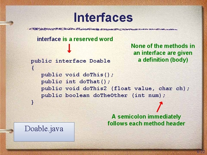 Interfaces interface is a reserved word None of the methods in an interface are
