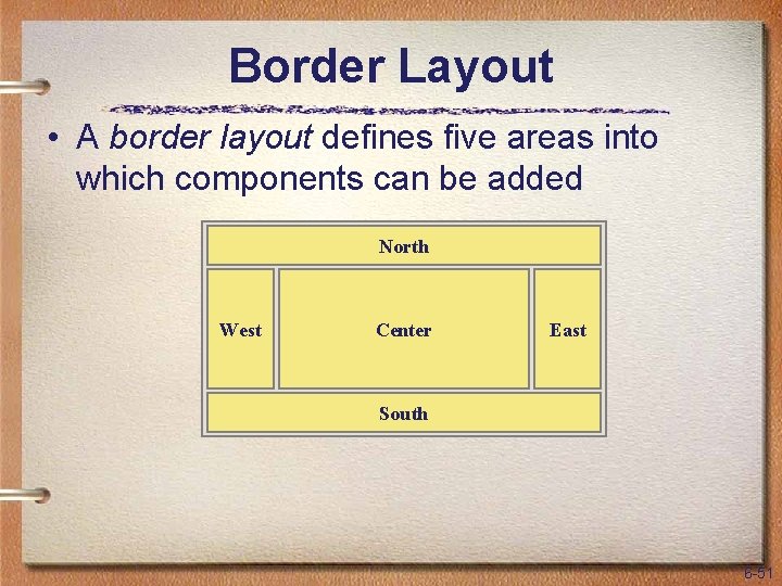 Border Layout • A border layout defines five areas into which components can be