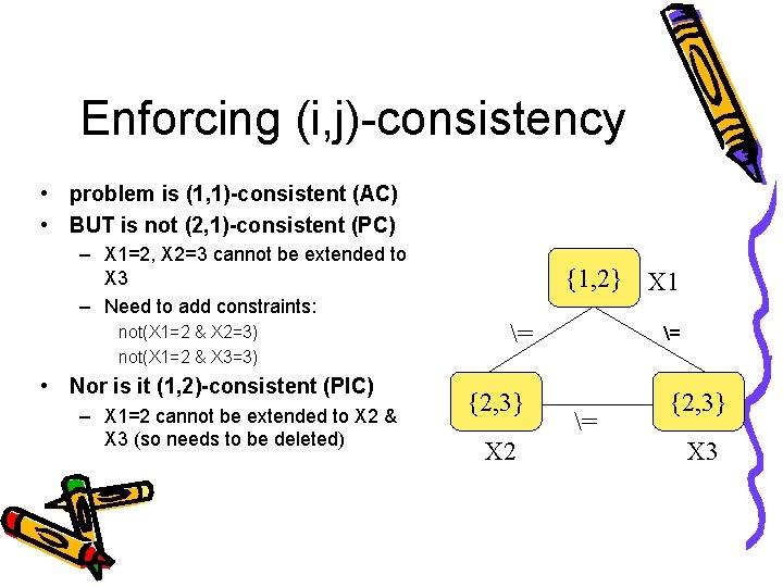 Enforcing (i, j)-consistency • problem is (1, 1)-consistent (AC) • BUT is not (2,