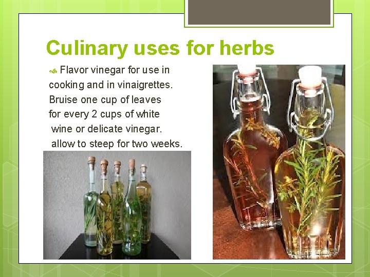 Culinary uses for herbs Flavor vinegar for use in cooking and in vinaigrettes. Bruise