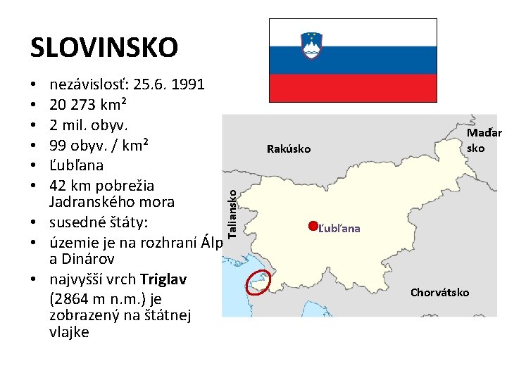 SLOVINSKO Maďar sko Rakúsko Taliansko nezávislosť: 25. 6. 1991 20 273 km² 2 mil.