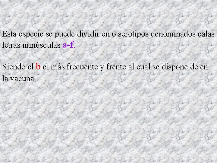 Esta especie se puede dividir en 6 serotipos denominados calas letras minúsculas a-f. Siendo