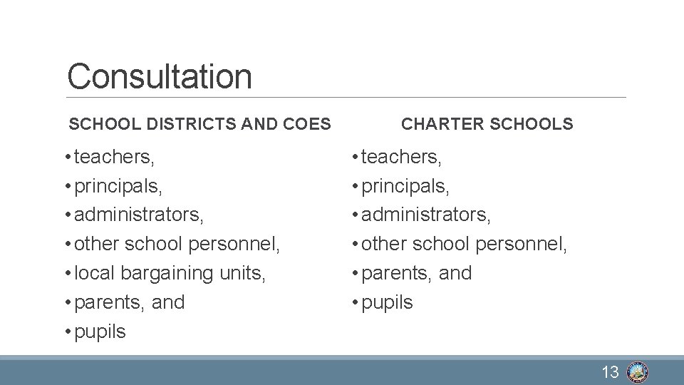 Consultation SCHOOL DISTRICTS AND COES • teachers, • principals, • administrators, • other school