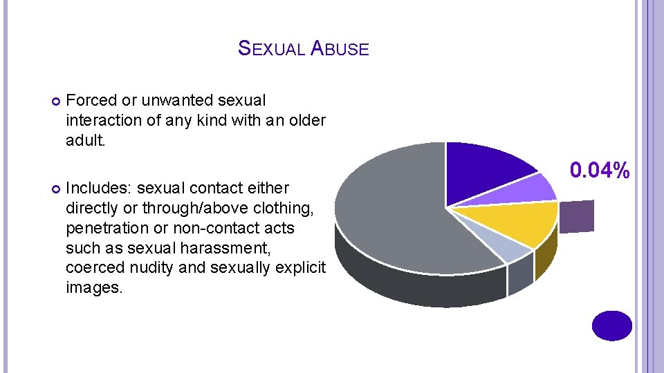 SEXUAL ABUSE Forced or unwanted sexual interaction of any kind with an older adult.