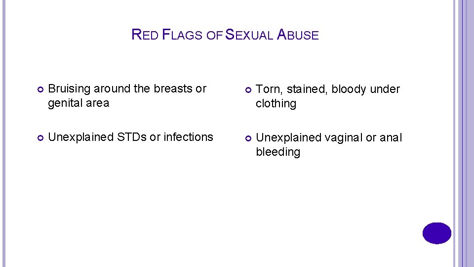 RED FLAGS OF SEXUAL ABUSE Bruising around the breasts or genital area Torn, stained,