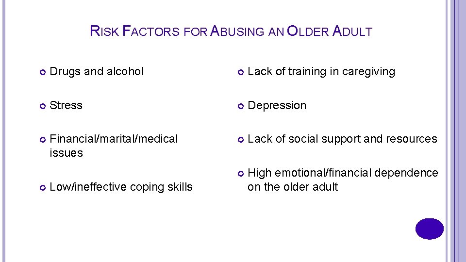 RISK FACTORS FOR ABUSING AN OLDER ADULT Drugs and alcohol Lack of training in