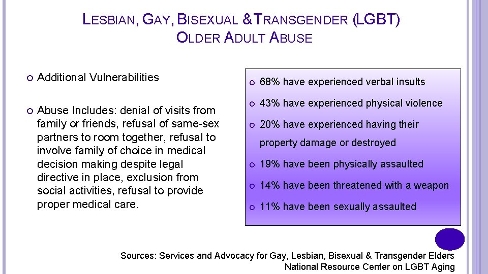 LESBIAN, GAY, BISEXUAL & TRANSGENDER (LGBT) OLDER ADULT ABUSE Additional Vulnerabilities Abuse Includes: denial
