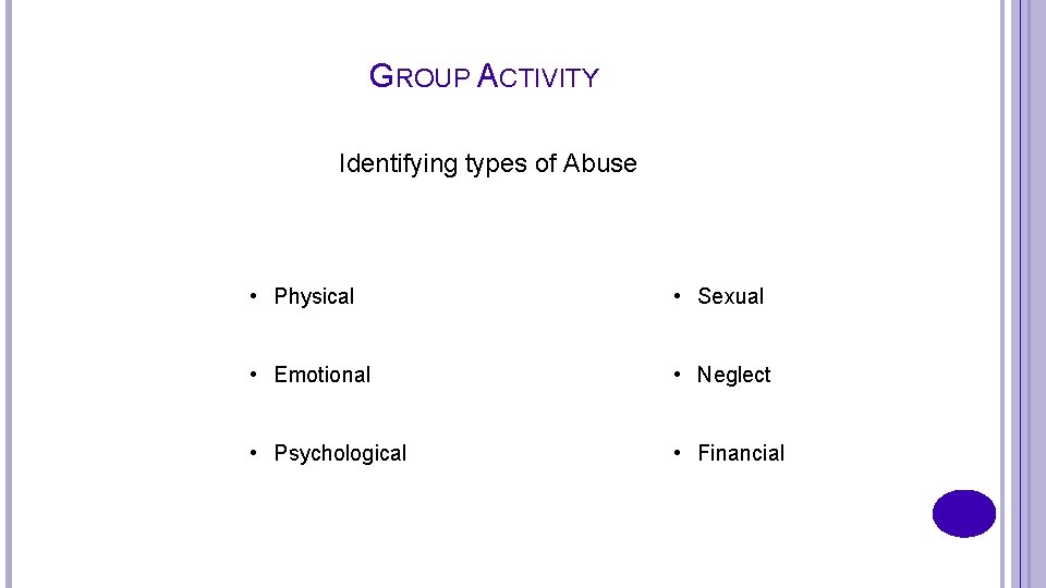 GROUP ACTIVITY Identifying types of Abuse • Physical • Sexual • Emotional • Neglect