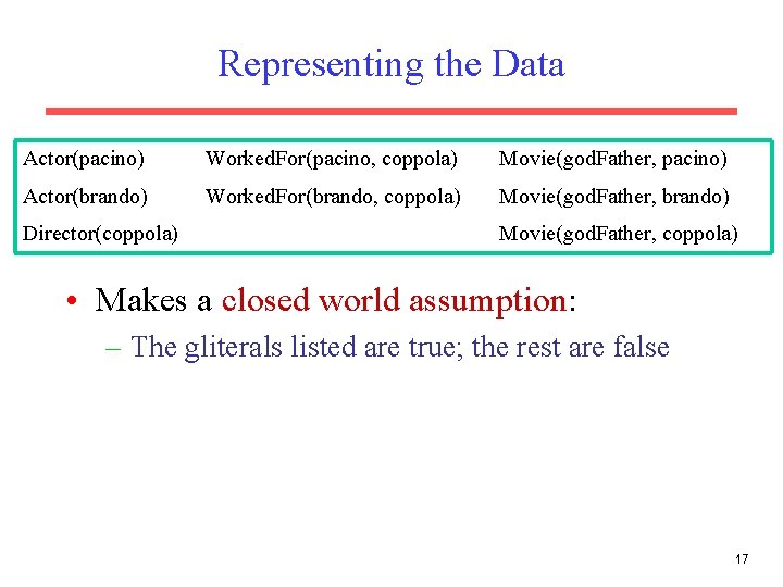 Representing the Data Actor(pacino) Worked. For(pacino, coppola) Movie(god. Father, pacino) Actor(brando) Worked. For(brando, coppola)