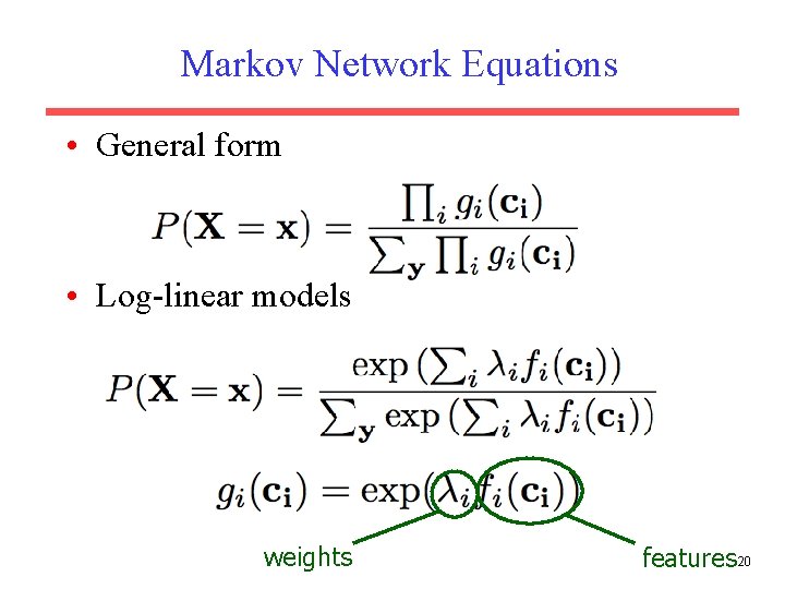 Markov Network Equations • General form • Log-linear models weights features 20 