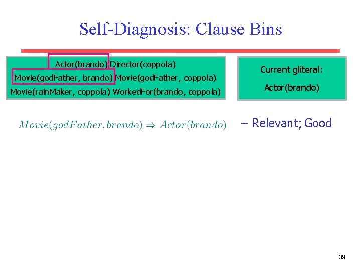 Self-Diagnosis: Clause Bins Actor(brando) Director(coppola) Movie(god. Father, brando) Movie(god. Father, coppola) Movie(rain. Maker, coppola)