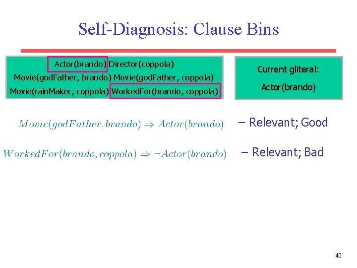 Self-Diagnosis: Clause Bins Actor(brando) Director(coppola) Movie(god. Father, brando) Movie(god. Father, coppola) Movie(rain. Maker, coppola)