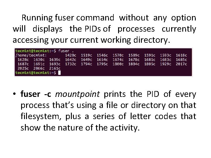 Running fuser command without any option will displays the PIDs of processes currently accessing