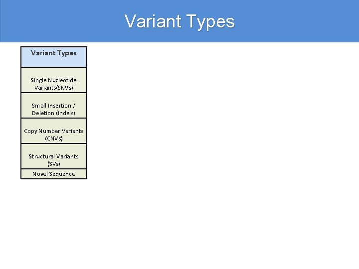 Variant Types Single Nucleotide Variants(SNVs) Small Insertion / Deletion (indels) Copy Number Variants (CNVs)