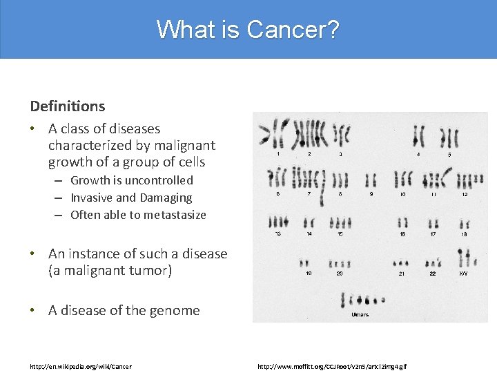 What is Cancer? Definitions • A class of diseases characterized by malignant growth of