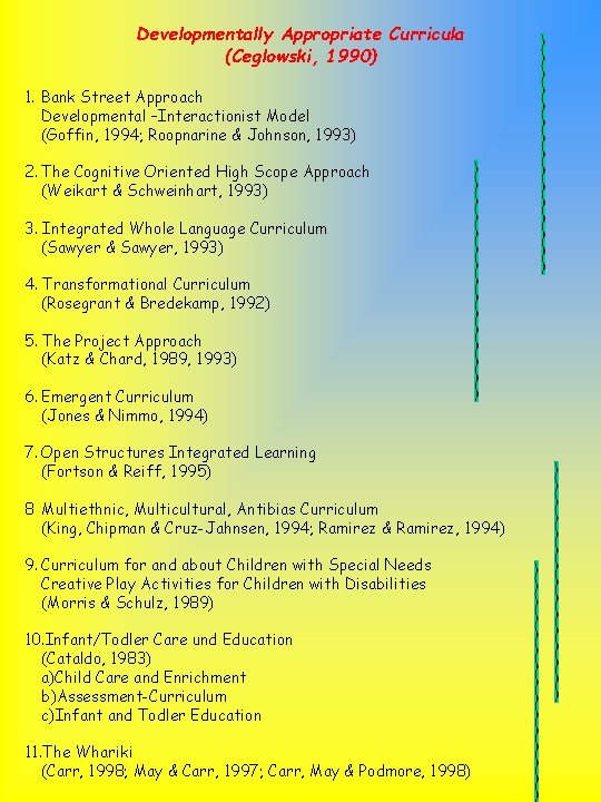 Developmentally Appropriate Curricula (Ceglowski, 1990) 1. Bank Street Approach Developmental –Interactionist Model (Goffin, 1994;