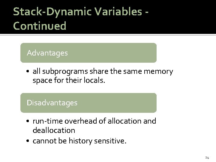 Stack-Dynamic Variables Continued Advantages • all subprograms share the same memory space for their