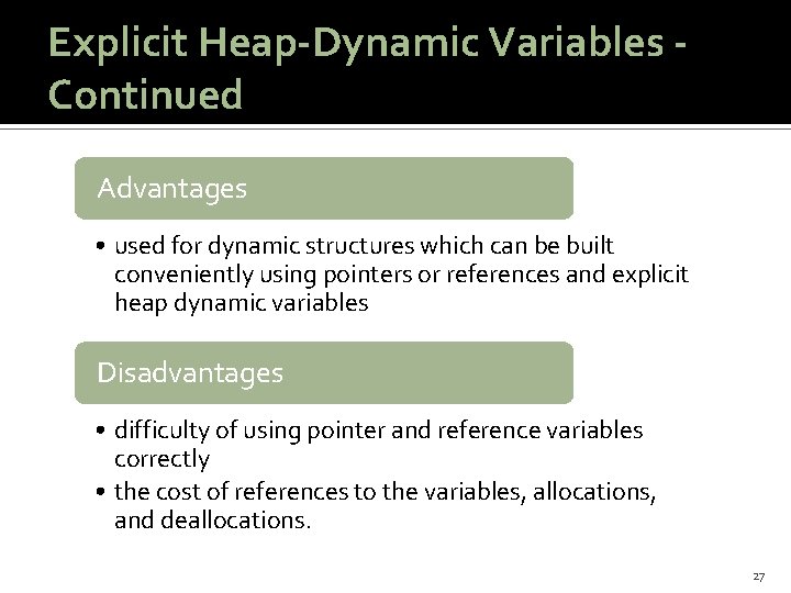 Explicit Heap-Dynamic Variables Continued Advantages • used for dynamic structures which can be built