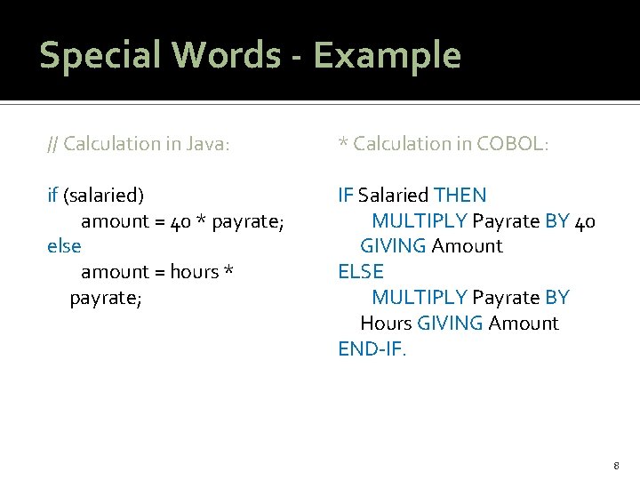 Special Words - Example // Calculation in Java: * Calculation in COBOL: if (salaried)