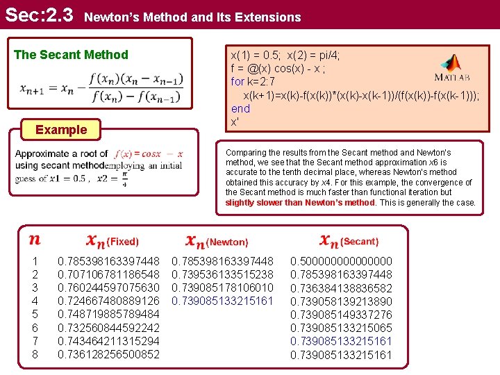 Sec: 2. 3 Newton’s Method and Its Extensions The Secant Method Example x(1) =