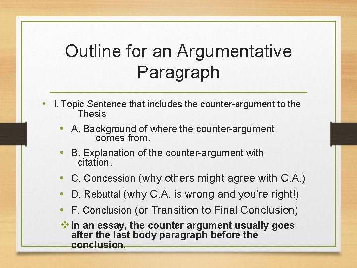 Outline for an Argumentative Paragraph • I. Topic Sentence that includes the counter-argument to