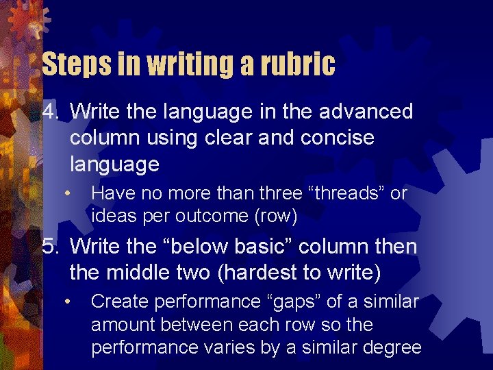 Steps in writing a rubric 4. Write the language in the advanced column using