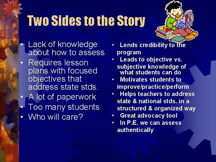 Two Sides to the Story • Lack of knowledge about how to assess •