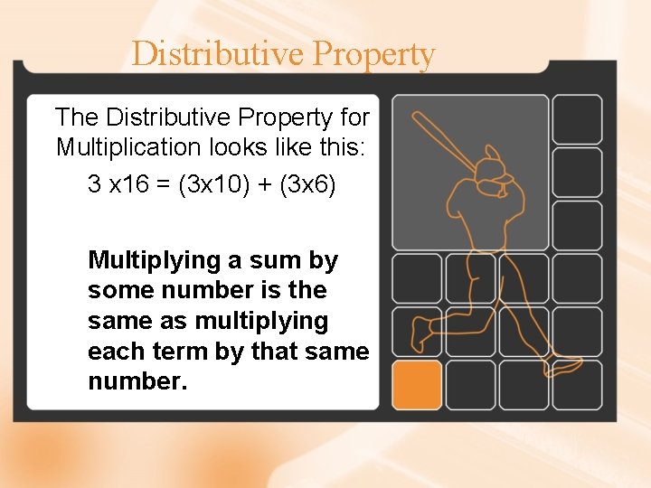 Distributive Property The Distributive Property for Multiplication looks like this: 3 x 16 =